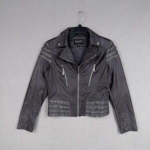 Frank Lyman Jacket Womens Small Gray Faux Leather Moto Biker Zip Trim Designer